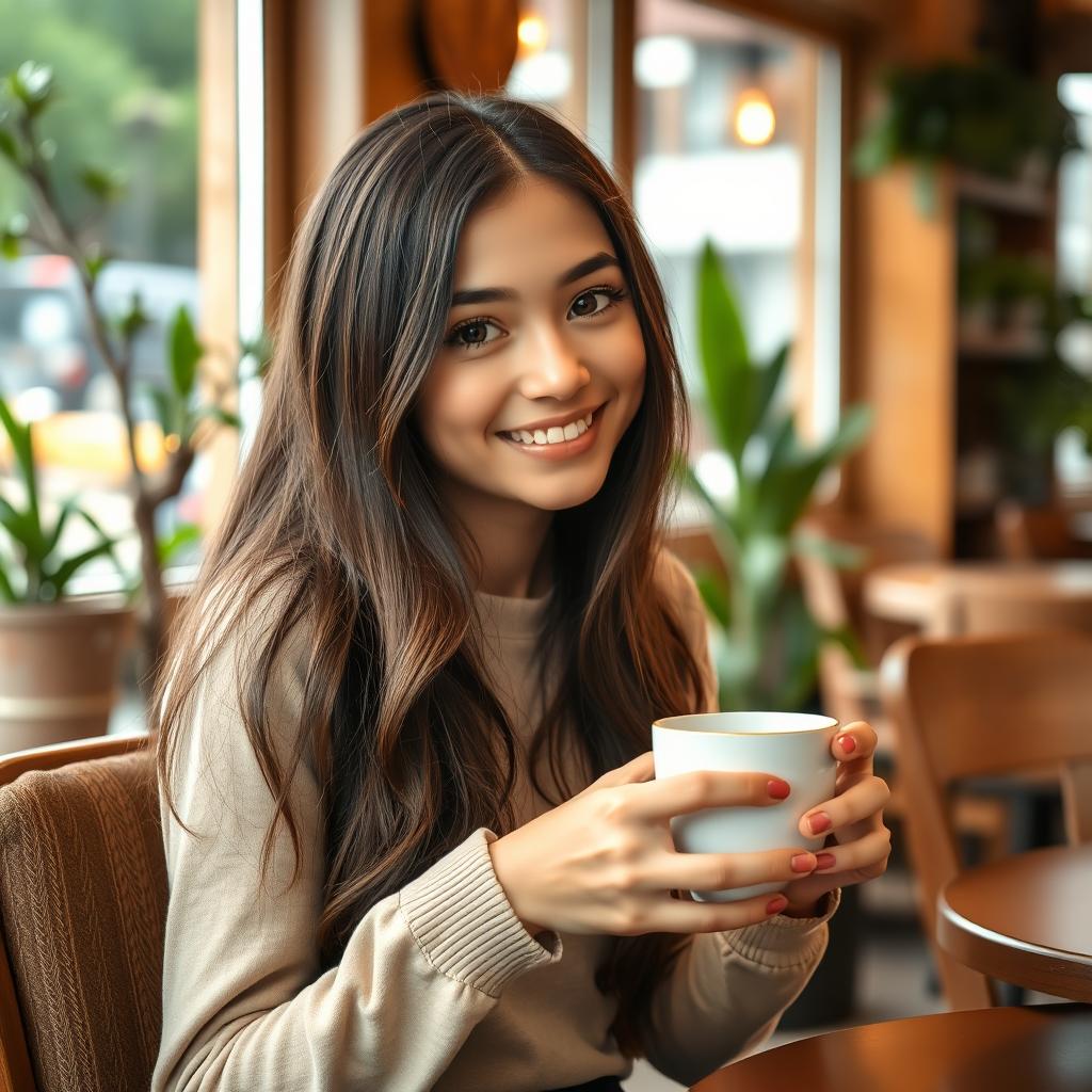 A beautiful 18-year-old long-haired brunette girl sitting in a cozy café, enjoying a cup of coffee