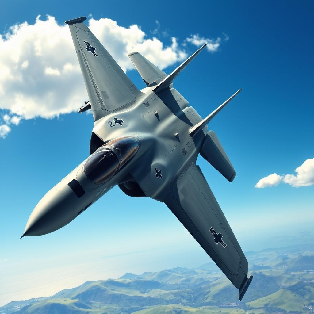A detailed and realistic image of a Tomcat aircraft soaring through a clear blue sky