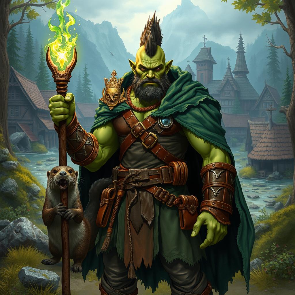 A full-body portrait of a male half-orc druid with green skin, adorned in rugged leather armor