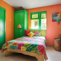 A 5.5m² bedroom featuring a double bed and a cabinet, decorated in vibrant, tropical colors.