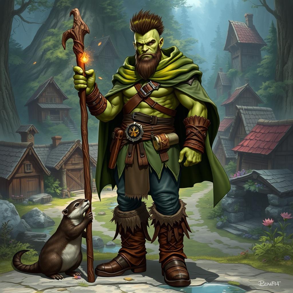 A full body portrait of a male half-orc druid with green skin, wearing rugged boots and a flowing forest cape