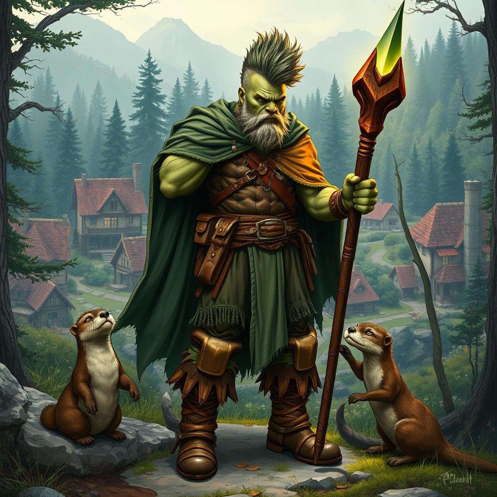 A full-body depiction of a male half-orc druid with green skin, sporting a striking mohawk hairstyle