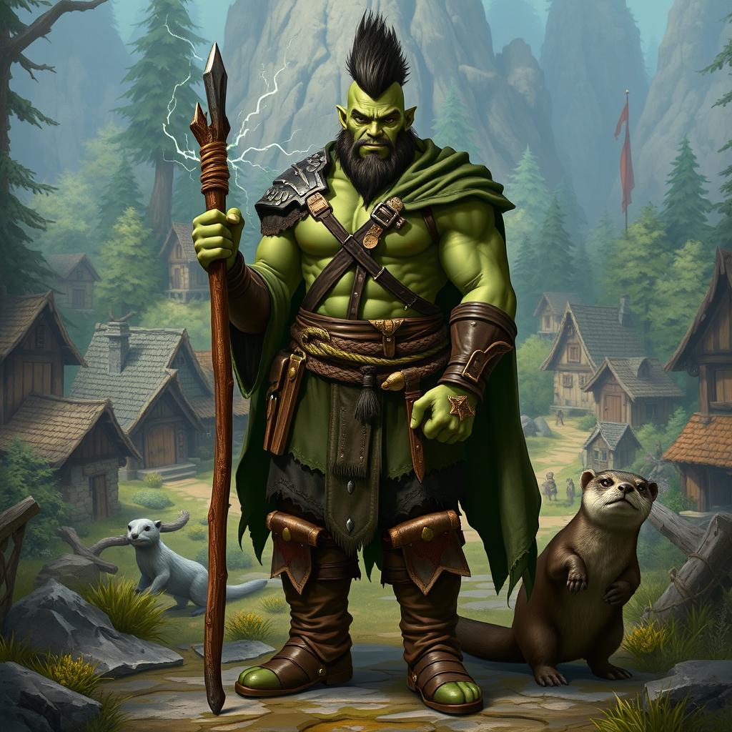 A full body male half-orc druid with green skin standing in a front view pose