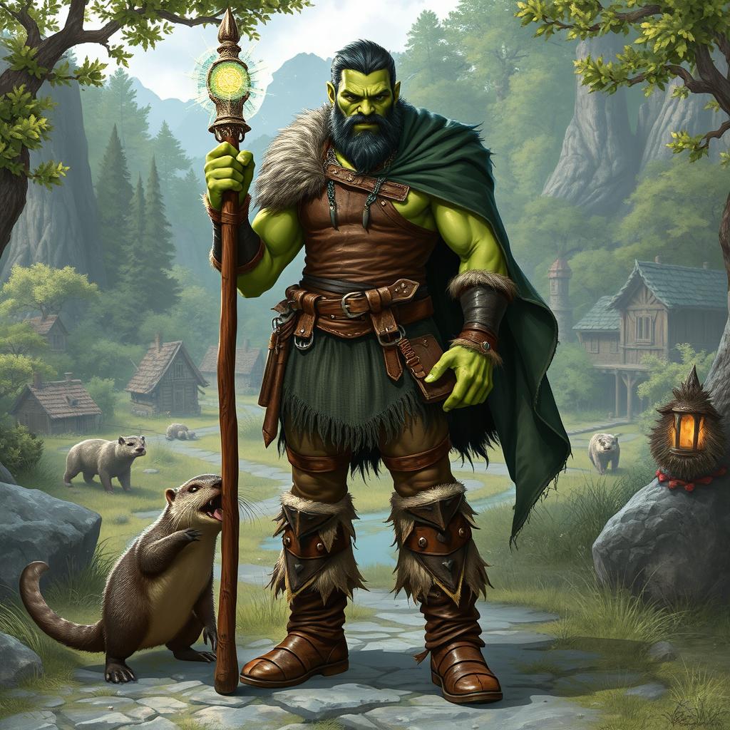 A full-body depiction of a male half-orc druid standing confidently in a front view pose