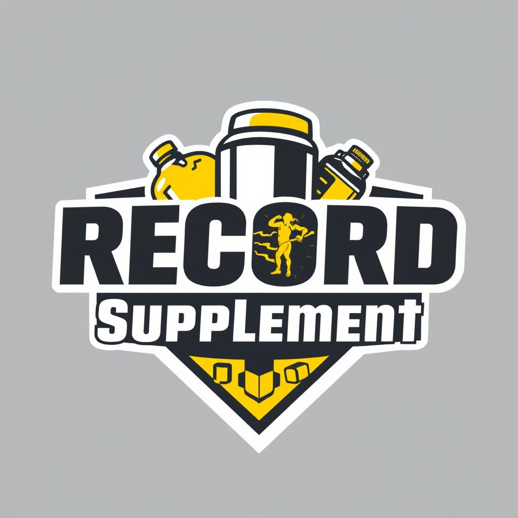 A modern logo design for a bodybuilding supplement store featuring the text 'Record Supplement'