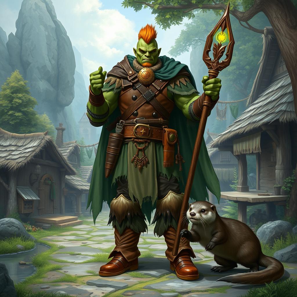 A full-body depiction of a male half-orc druid with green skin, standing confidently in a front view