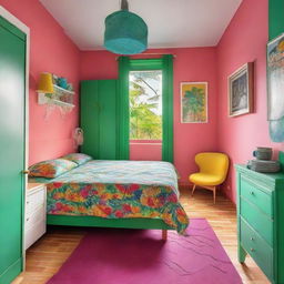 A 5.5m² bedroom featuring a double bed and a cabinet, decorated in vibrant, tropical colors.