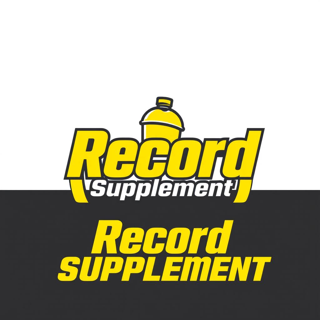 A modern logo design for a bodybuilding supplement store titled 'Record Supplement', featuring the vibrant color scheme of canary yellow and gray