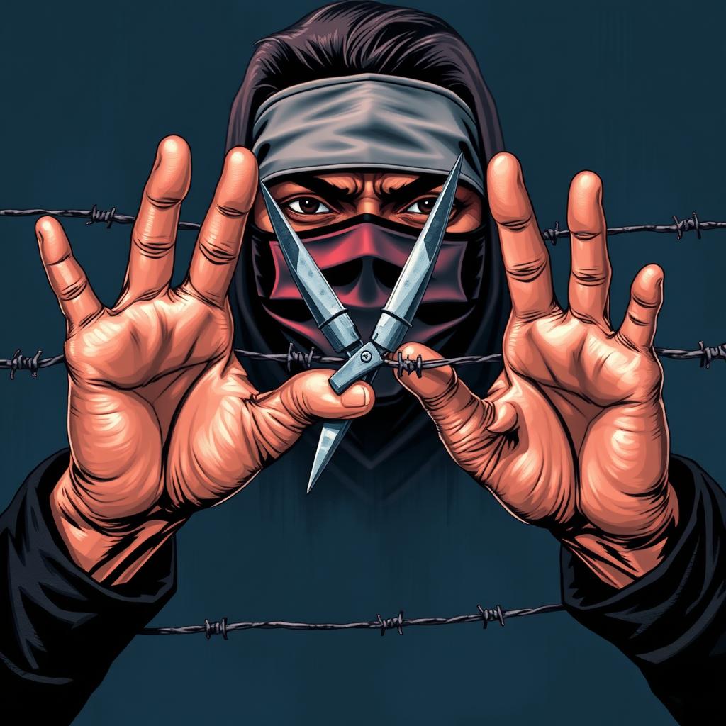 An artistic depiction of two hands cutting through a barbed wire fence, symbolizing resistance and defiance