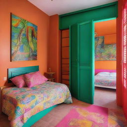 A 5.5m² bedroom featuring a double bed and a cabinet, decorated in vibrant, tropical colors.