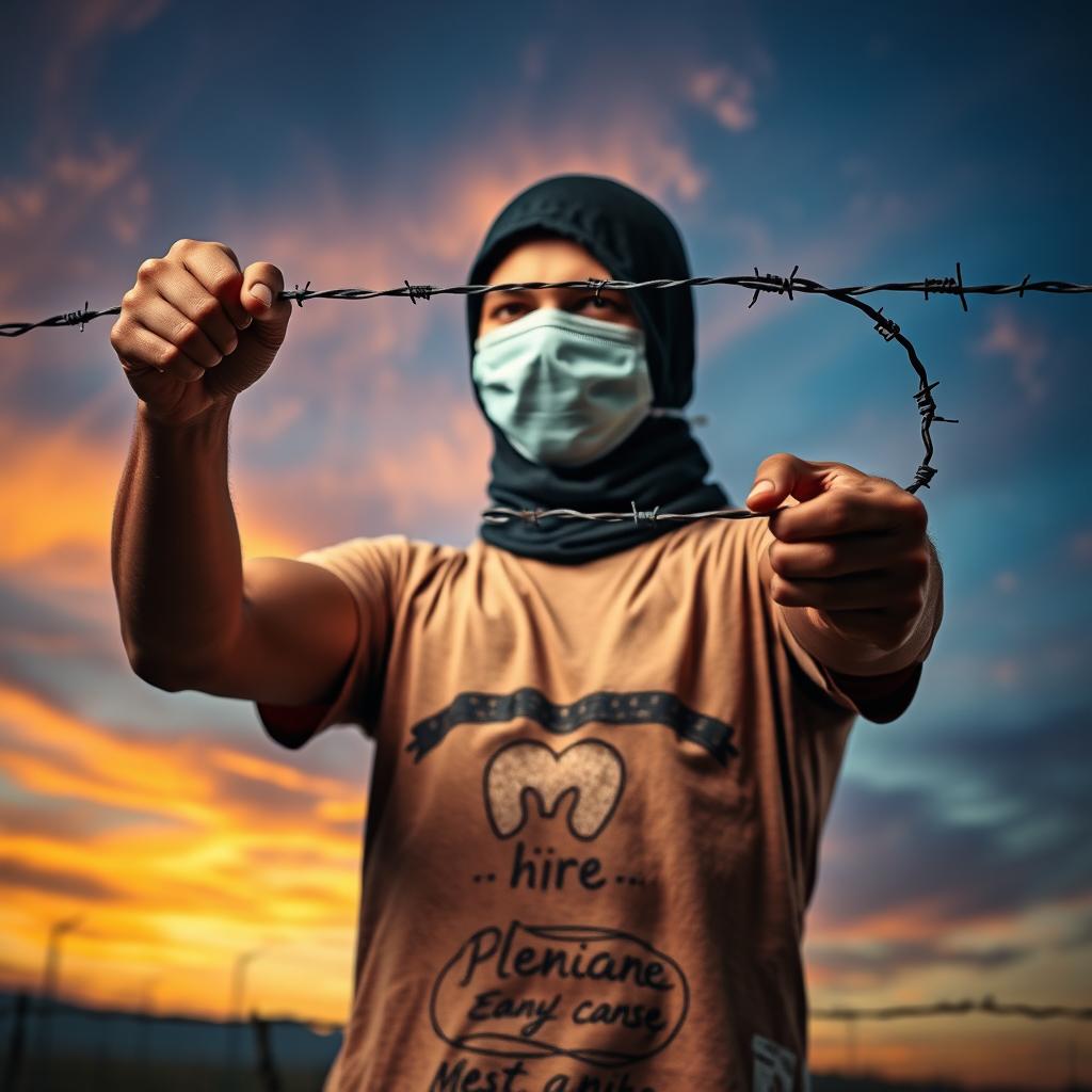 A person wearing a mask, removing barbed wire with their hands from their body, symbolizing unity and the prevention of division