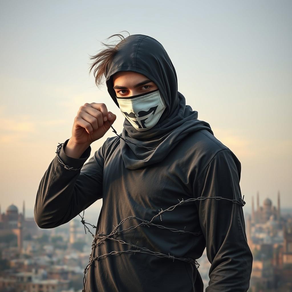 A powerful figure symbolizing unity and anti-divisive strength, wearing a mask to represent anonymity and resilience