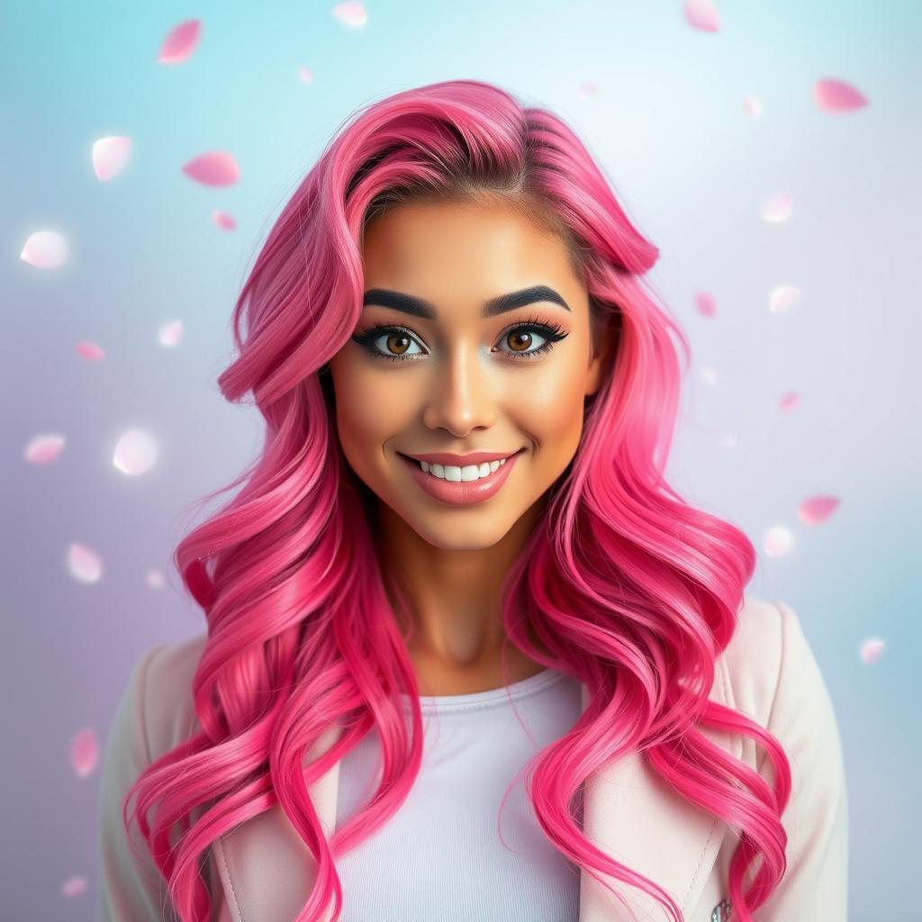 A stunning individual with vibrant pink hair styled in long, wavy locks, featuring a playful and confident expression