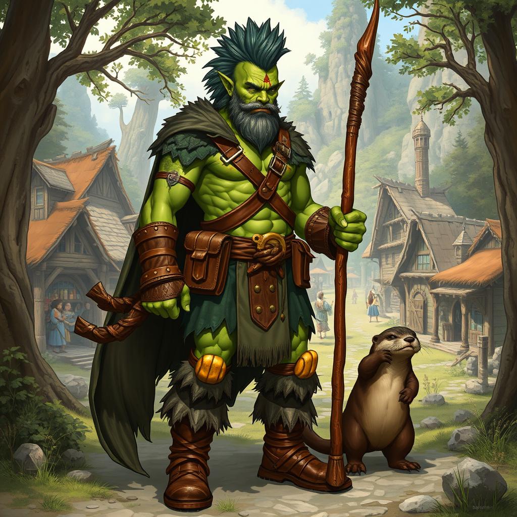 A full body depiction of a male half-orc druid with vibrant green skin and no beard