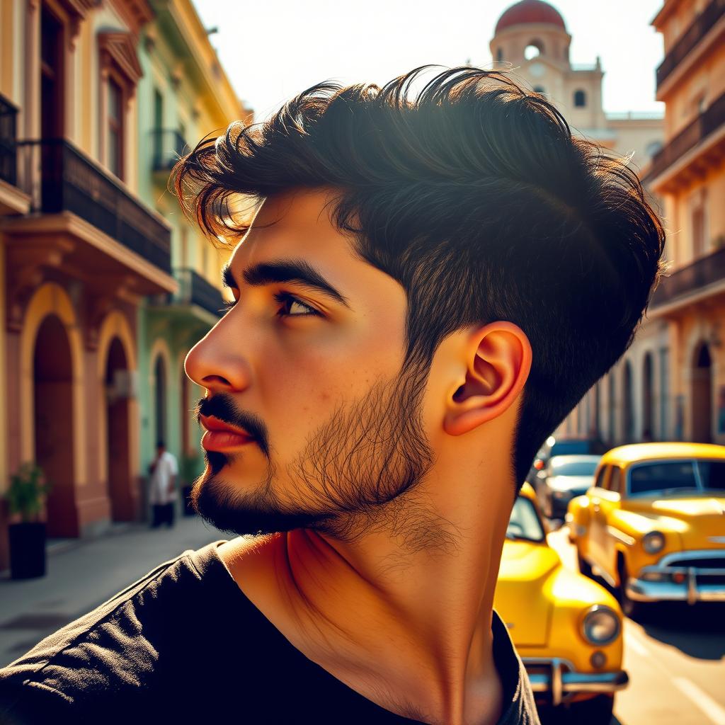 A striking profile photo of a young man with black hair and a well-groomed beard, set against the vibrant backdrop of Havana, Cuba