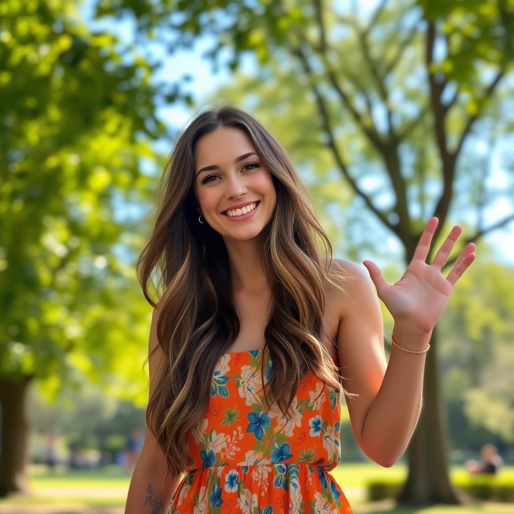 A cheerful woman waving with one hand, standing in a sunny park