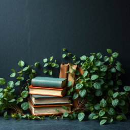 A serene and artistic scene blending nature and creativity, featuring an assortment of books nestled among lush greenery