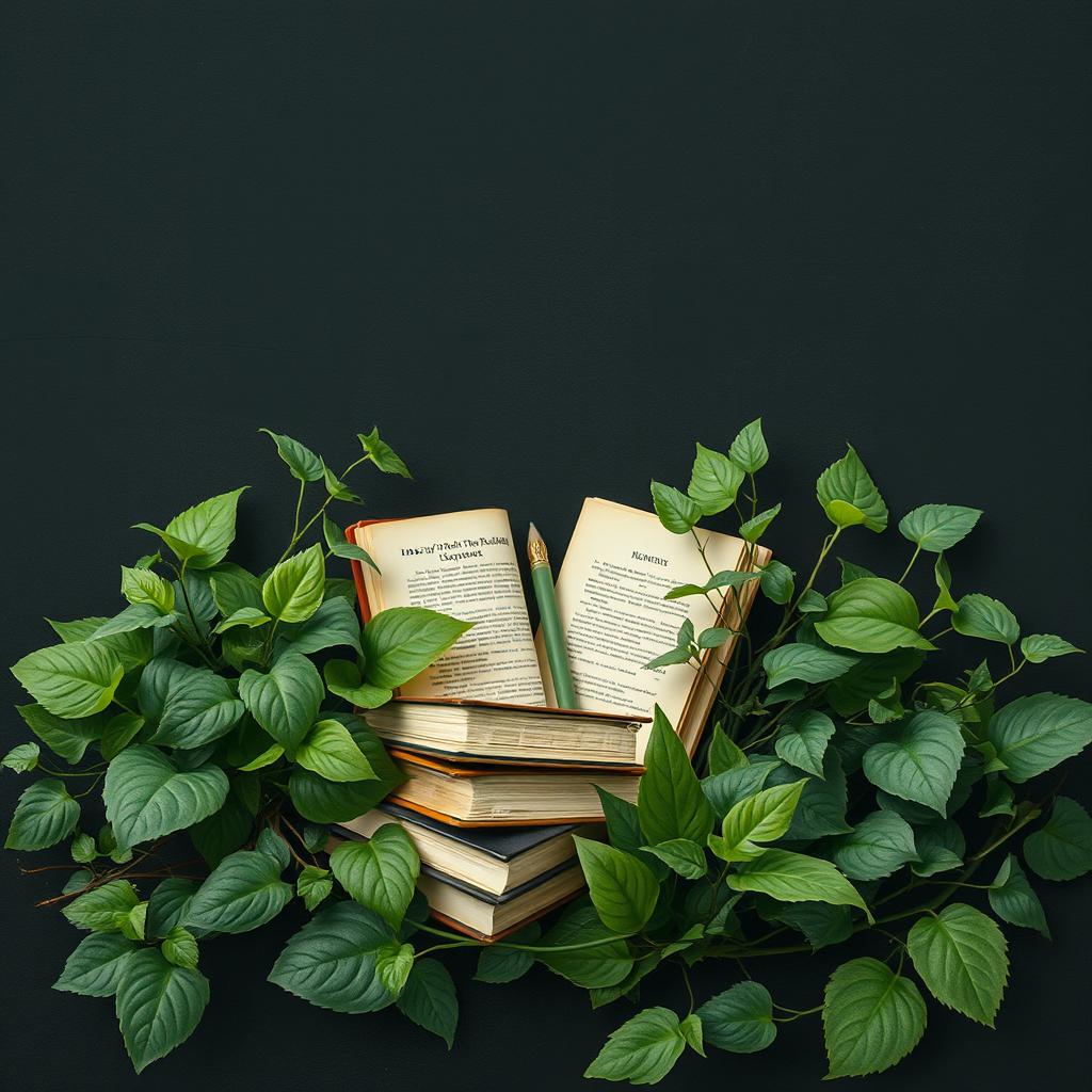 A serene and artistic scene blending nature and creativity, featuring an assortment of books nestled among lush greenery