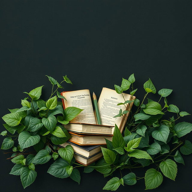 A serene and artistic scene blending nature and creativity, featuring an assortment of books nestled among lush greenery