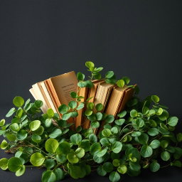A serene and artistic scene blending nature and creativity, featuring an assortment of books nestled among lush greenery