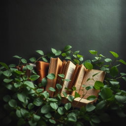 A serene and artistic scene blending nature and creativity, featuring an assortment of books nestled among lush greenery
