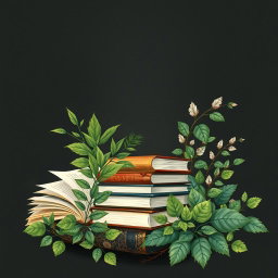 A serene and artistic scene blending nature and creativity, featuring an assortment of books nestled among lush greenery