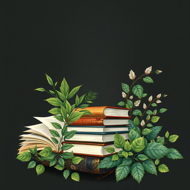 A serene and artistic scene blending nature and creativity, featuring an assortment of books nestled among lush greenery
