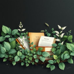 A serene and artistic scene blending nature and creativity, featuring an assortment of books nestled among lush greenery