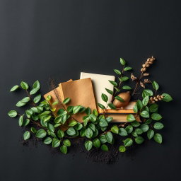 A serene and artistic scene blending nature and creativity, featuring an assortment of books nestled among lush greenery
