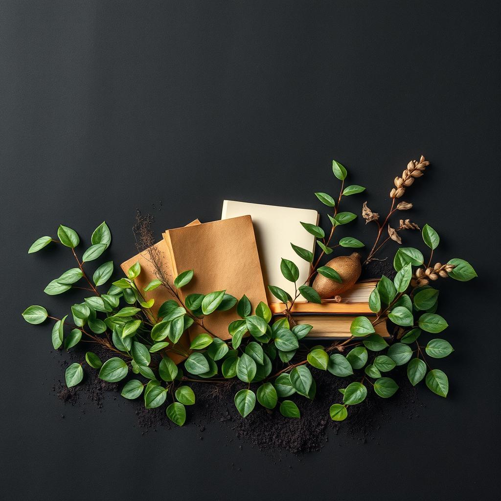 A serene and artistic scene blending nature and creativity, featuring an assortment of books nestled among lush greenery