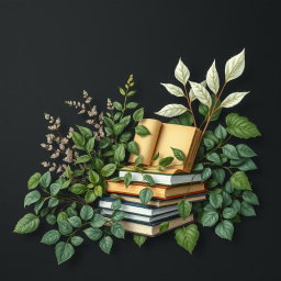 A serene and artistic scene blending nature and creativity, featuring an assortment of books nestled among lush greenery
