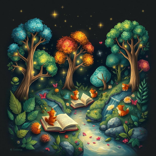 A whimsical illustration blending nature and art, featuring a serene scene with books nestled among lush greenery, and a vibrant forest where trees have faces, interacting joyfully with playful animals