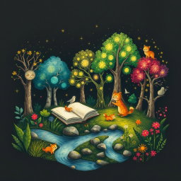 A whimsical illustration blending nature and art, featuring a serene scene with books nestled among lush greenery, and a vibrant forest where trees have faces, interacting joyfully with playful animals