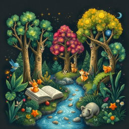 A whimsical illustration blending nature and art, featuring a serene scene with books nestled among lush greenery, and a vibrant forest where trees have faces, interacting joyfully with playful animals