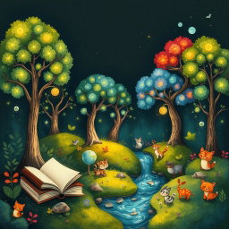 A whimsical illustration blending nature and art, featuring a serene scene with books nestled among lush greenery, and a vibrant forest where trees have faces, interacting joyfully with playful animals