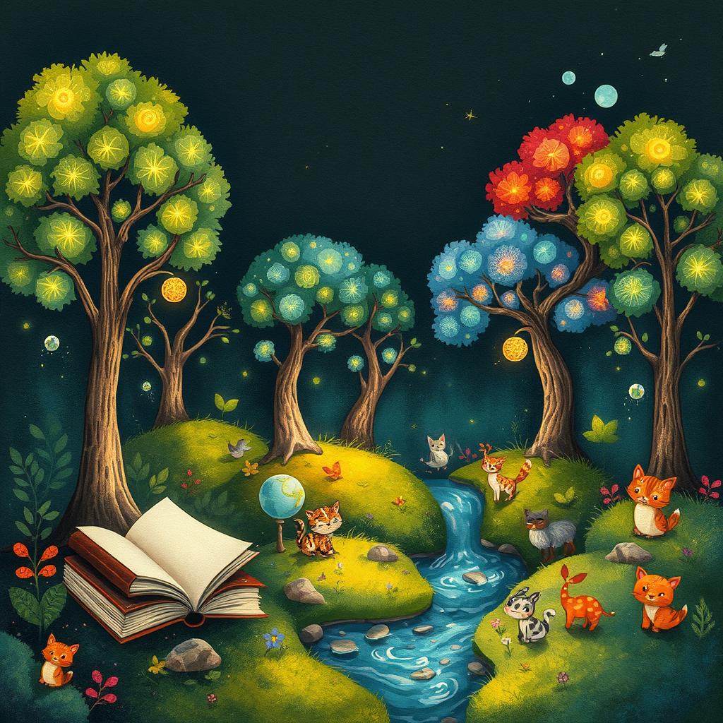 A whimsical illustration blending nature and art, featuring a serene scene with books nestled among lush greenery, and a vibrant forest where trees have faces, interacting joyfully with playful animals