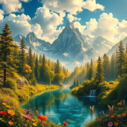 An intricate and vibrant fantasy landscape featuring a large, enchanted forest bathed in golden sunlight