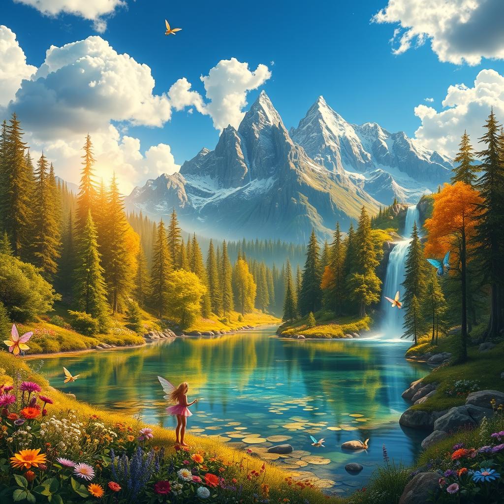 An intricate and vibrant fantasy landscape featuring a large, enchanted forest bathed in golden sunlight