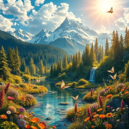 An intricate and vibrant fantasy landscape featuring a large, enchanted forest bathed in golden sunlight