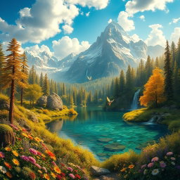 An intricate and vibrant fantasy landscape featuring a large, enchanted forest bathed in golden sunlight