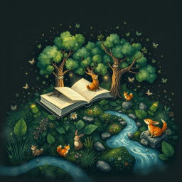 An intricate illustration blending nature and art, featuring a serene scene with books nestled among lush greenery