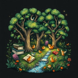 An intricate illustration blending nature and art, featuring a serene scene with books nestled among lush greenery