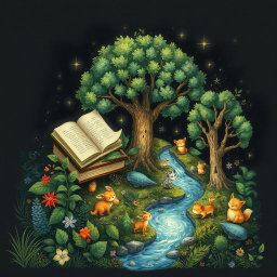 An intricate illustration blending nature and art, featuring a serene scene with books nestled among lush greenery
