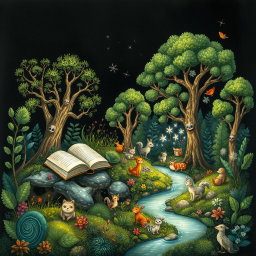 An intricate illustration blending nature and art, featuring a serene scene with books nestled among lush greenery