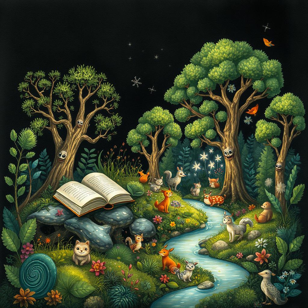 An intricate illustration blending nature and art, featuring a serene scene with books nestled among lush greenery