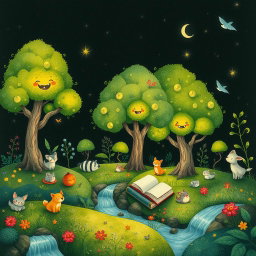 An enchanting illustration that seamlessly blends nature and art, showcasing a serene scene with books nestled among lush greenery, set against a dark background resembling textured paper to evoke tranquility and creativity