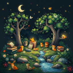 An enchanting illustration that seamlessly blends nature and art, showcasing a serene scene with books nestled among lush greenery, set against a dark background resembling textured paper to evoke tranquility and creativity