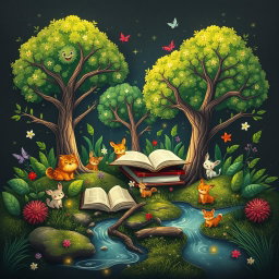 An enchanting illustration that seamlessly blends nature and art, showcasing a serene scene with books nestled among lush greenery, set against a dark background resembling textured paper to evoke tranquility and creativity