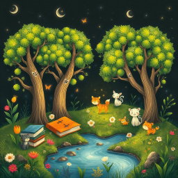 An enchanting illustration that seamlessly blends nature and art, showcasing a serene scene with books nestled among lush greenery, set against a dark background resembling textured paper to evoke tranquility and creativity