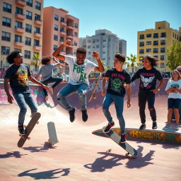 A vibrant urban scene featuring a group of stylish skaters performing tricks in a skate park